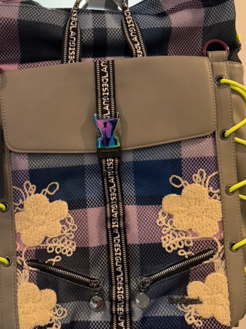 Love Moschino Plaid Backpack with Beige Trim and Pink Accents